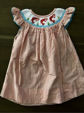 Girls' Orange Stripe Smocked Dress with Shrimp Embroidery